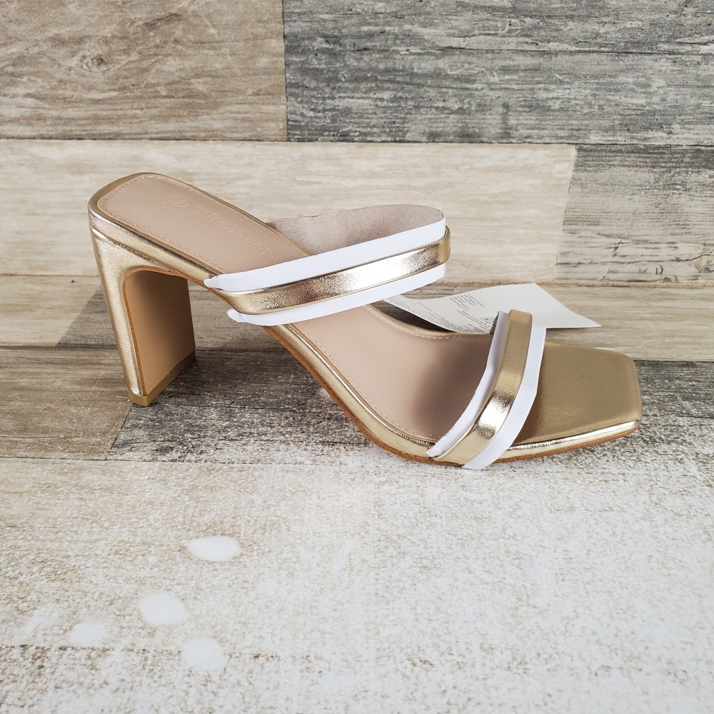 The Drop Avery Womens Sandals Sz 8 Gold Leather Slip On Block Heel Square Toe